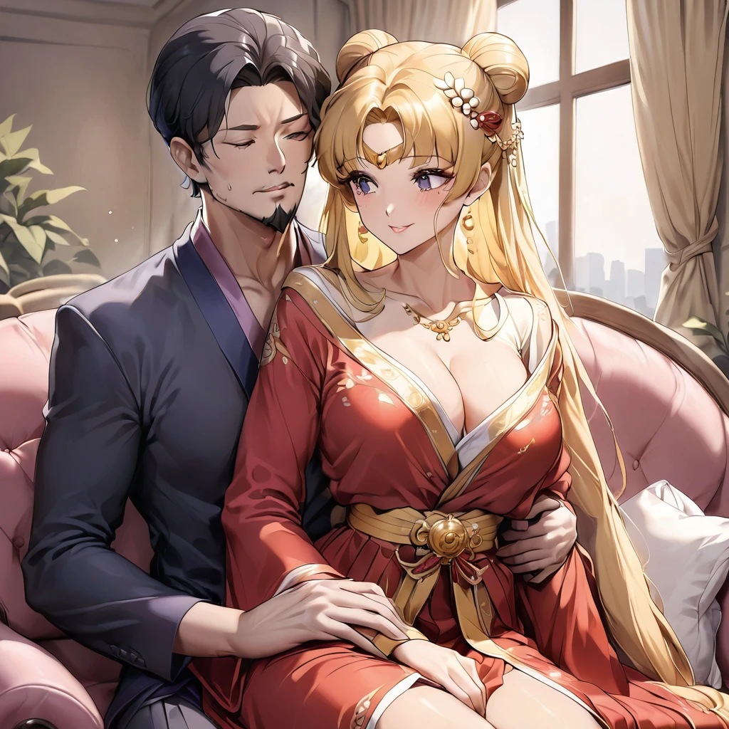 ((Highest quality)), ((masterpiece)), (detailed), （Perfect Face）、The woman is being embraced by a beautiful, grown-up Chinese girl.、Mother and daughter、The woman is a Chinese girl named Tsukino Usagi, dressed in a gorgeous, glittering red Hanfu outfit with lots of gold embroidery, a gorgeous hair ornament, gorgeous jeweled accessories and an engagement ring. The two are sitting on a gorgeous, large sofa in a gorgeous room, and the woman is being held in the arms of a dignified, middle-aged Chinese man dressed in Hanfu.、The woman is the elegant Tsukino Usagi, a Chinese woman with long blonde hair in a chignon twin tail and wearing a red Hanfu with gorgeous gold embroidery all over it.、The man is a dignified, muscular, bearded, middle-aged Chinese man wearing the traditional Chinese dress, Hanfu.