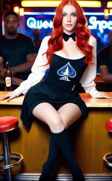Pale skinned slender white woman very flat chested long wavy bright red hair, dark blue eyes, (wears clothes with queen of spades logo on them), (sitting legs spread on a barstool:1.6), (always surrounded by many black men in street clothes:1.7), (in a dark bar room:1.5), bartender in a dive bar