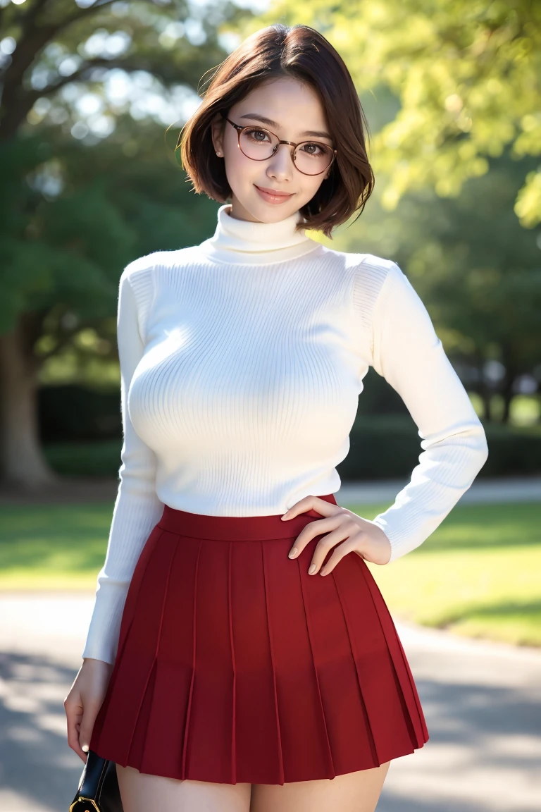 (Highest quality、Tabletop、8K、Best image quality、Award-winning works)、One Girl、(alone:1.1)、Perfect beautiful composition、(Accentuate your body lines:1.1)、(short hair:1.1)、(Perfect white turtleneck sleeveless knit sweater:1.2)、(Bare arms:1.2)、(Classy and perfect round glasses:1.2)、(Your breasts are too big:1.5)、(Elegant red Melton fabric no pleats skirt:1.2)、Full body photo、Look at me and smile、(Accurate city park background with strong blur:1.1)、Standing Elegantly、Droopy eyes、Natural Makeup、Ultra-high definition beauty face、Ultra HD Hair、Ultra high resolution glowing eyes、Super high quality glossy lip、(Accurate anatomy:1.1)、(very bright and vivid:1.1)