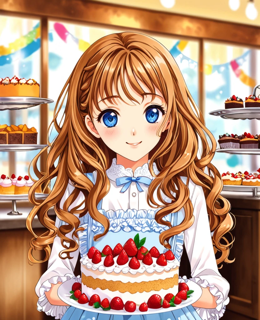 "Create an anime-style close-up artwork of a young girl with detailed, high-quality eyes. She has long, wavy hair and wears a cute, frilly dress. Her eyes should be the focal point, reflecting the joy and excitement as she holds a beautifully decorated cake. The background should hint at a charming bakery or kitchen, with blurred images of cakes, pastries, and colorful decorations, keeping the focus on her delighted and proud expression."