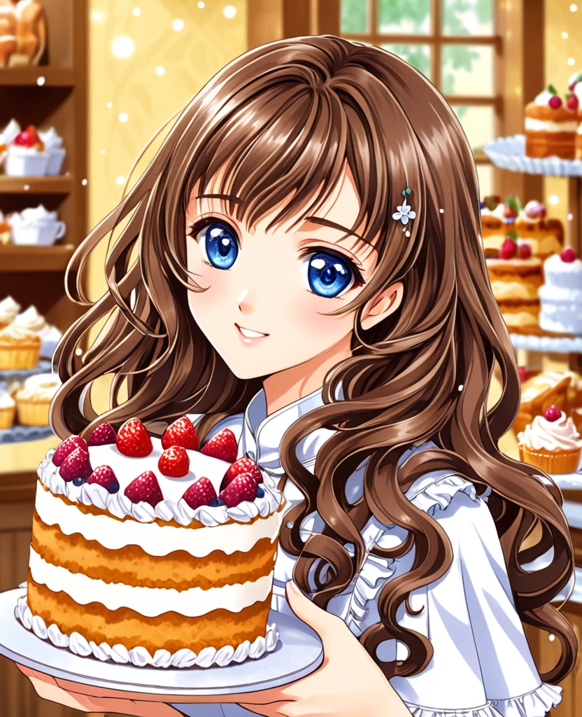 "Create an anime-style close-up artwork of a young girl with detailed, high-quality eyes. She has long, wavy hair and wears a cute, frilly dress. Her eyes should be the focal point, reflecting the joy and excitement as she holds a beautifully decorated cake. The background should hint at a charming bakery or kitchen, with blurred images of cakes, pastries, and colorful decorations, keeping the focus on her delighted and proud expression."