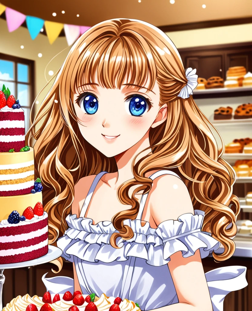 "Create an anime-style close-up artwork of a young girl with detailed, high-quality eyes. She has long, wavy hair and wears a cute, frilly dress. Her eyes should be the focal point, reflecting the joy and excitement as she holds a beautifully decorated cake. The background should hint at a charming bakery or kitchen, with blurred images of cakes, pastries, and colorful decorations, keeping the focus on her delighted and proud expression."