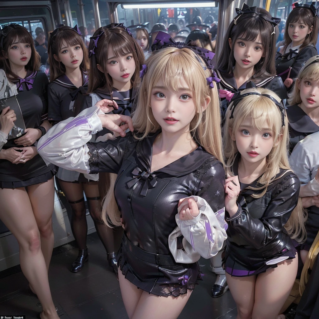 8K resolution, surreal, Super detailed, high quality, perfect anatomy, perfect proportion, masterpiece, nsfw++,
((((((A group photo in crowded train at night, 6 girls, group photo)))))),
(((((purple, black face mask, sailor collar, sailor uniform, Lace, mini skirt, bow ribbon))))),
((((happy, grin, detailed face)))),
((((blond hair, bleached hair)))), (((impossible breasts))),
(((shiny oiled skin, detailed skin))),
(((tight clothes, thigh, bare legs))), looking at viewer