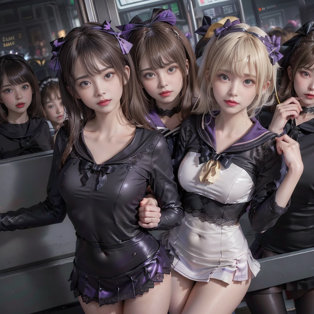 8K resolution, surreal, Super detailed, high quality, perfect anatomy, perfect proportion, masterpiece, nsfw++, 
((((((A group photo in crowded train at night, 6 girls, group photo)))))), 
(((((purple, black face mask, sailor collar, sailor uniform, Lace, mini skirt, bow ribbon))))), 
((((happy, grin, detailed face)))), 
((((blond hair, bleached hair)))), (((impossible breasts))),  
(((shiny oiled skin, detailed skin))), 
(((tight clothes, thigh, bare legs))), looking at viewer