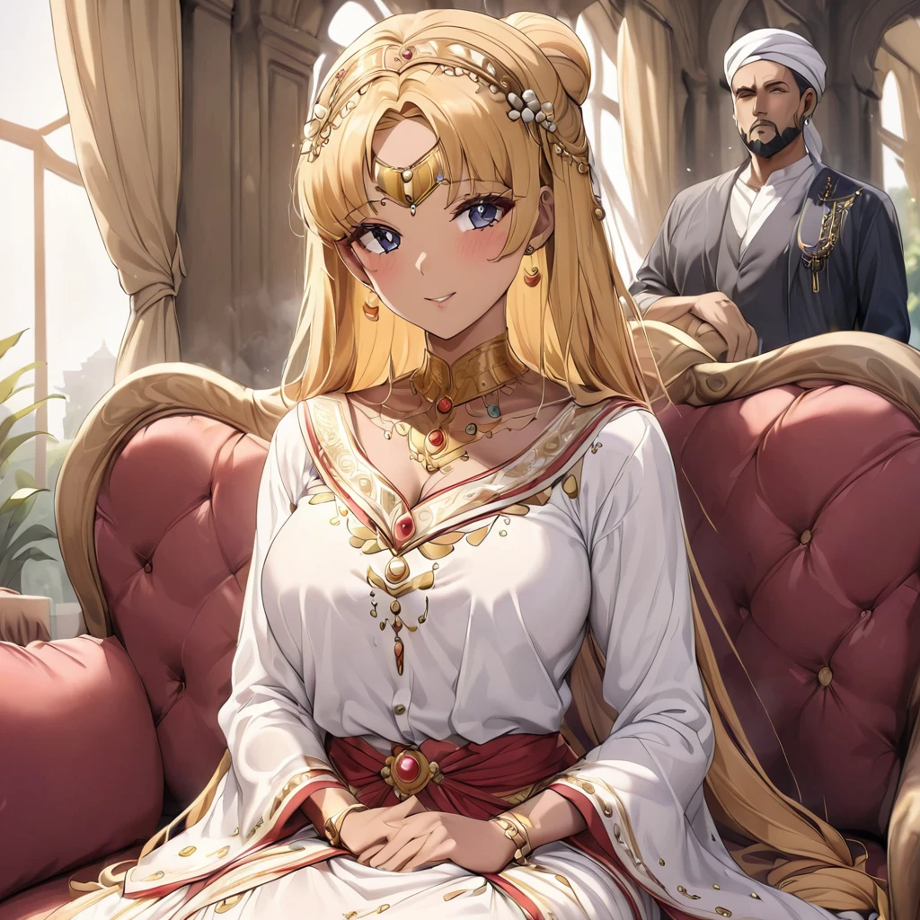 ((Highest quality)), ((masterpiece)), (detailed), (Perfect Face)、The woman is being embraced by a beautiful, grown-up Arab girl.、Mother and daughter、The woman is Tsukino Usagi, an Arab Muslim with vivid brown skin, and is wearing a gorgeous, glittering Arab national costume with gold embroidery, a gorgeous hijab, a gorgeous hair ornament, gorgeous jeweled accessories, and an engagement ring in a luxurious Islamic mansion. The woman and the man are sitting on a luxurious, large sofa in the luxurious room, and the woman is being held in the arms of a dignified, bearded, middle-aged Arab Muslim man wearing Arab national costume.、The woman is the elegant Tsukino Usagi, with long blonde hair in a chignon twin tail, wearing Arab national dress and a gorgeous hijab. She is a Muslim Arab with vivid brown skin.、(The woman is a brown-skinned Arab named Tsukino Usagi.)、The man is a Muslim, dignified, strong-looking, bearded, middle-aged Arab man wearing traditional Arab clothing.
