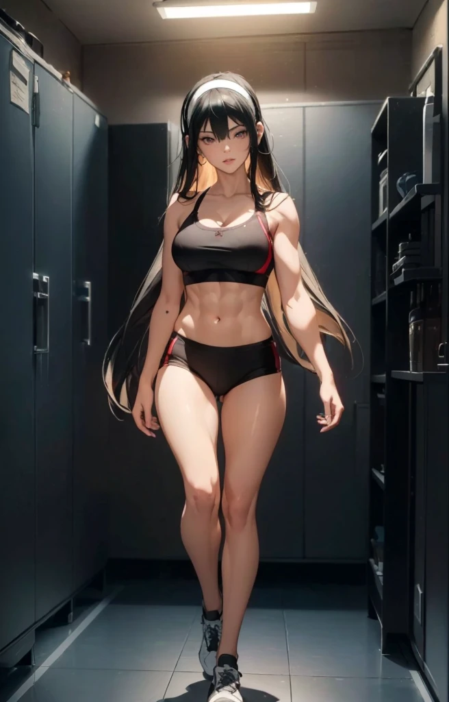 ((1girl, solo)), beautiful body, (perfect anatomy, perfect body, perfect hands, perfect legs), natural proportions, sexy body, large breasts, ((abs)), ((muscular female)), ((full body, full body front)) BREAK
((extremely detailed face)), (beautiful detailed eyes:1.6), (realistic pupils, realistic iris:1), expressive eyes, looking at viewer, (clear eyes:1.3), (hyperrealistic:1.2), (detailed skin texture:1.2), smooth skin, yor briar, ((black hair:1.5), (red eyes:1.3), long hair, hairband, (white hairband:1.3), sidelocks, bangs, ((mature female)), ((little smile)), (detailed lips:1.2), (attractive lips:1.1), (glossy lips:1.1), (parted lips), perfect face, perfect eyes BREAK
((sports bra)), buruma, ass visible through thighs, shoes, (black sportswear), black shorts, midriff BREAK
(masterpiece:1.5), anime-style, top quality, best quality, (beautiful and aesthetic:1.2), (ultra detail:1.5), Ultra-detailed depiction, Ultra-precise depiction, extremely detailed 8k illustration, high resolution, (highly detailed shading:1.2), (realistic lighting:1.4), perfect lighting, vibrant colors, dynamic tones, striking hues, 8k, absurd resolution, perfect shadows, hdr, UHD, ambient lighting, realistic, ultra-realistic, photo realistic, highly detailed, rich detail, luminous colors, fine texture, intricate design, professional illustration, (soft light:1.2), (illustration:0.7)
