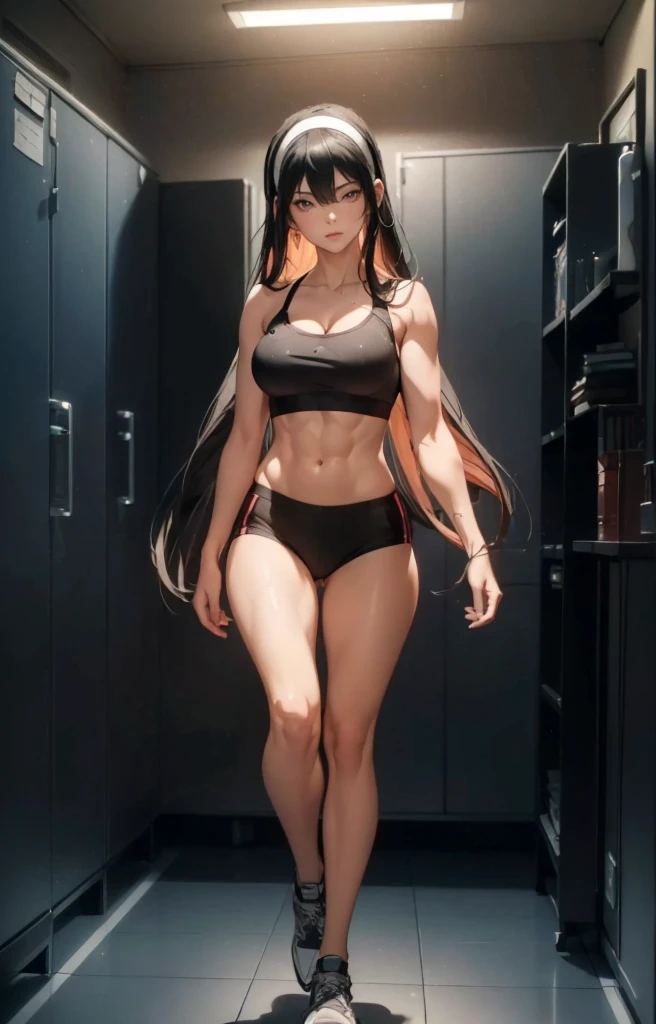 ((1girl, solo)), beautiful body, (perfect anatomy, perfect body, perfect hands, perfect legs), natural proportions, sexy body, large breasts, ((abs)), ((muscular female)), ((full body, full body front)) BREAK
((extremely detailed face)), (beautiful detailed eyes:1.6), (realistic pupils, realistic iris:1), expressive eyes, looking at viewer, (clear eyes:1.3), (hyperrealistic:1.2), (detailed skin texture:1.2), smooth skin, yor briar, ((black hair:1.5), (red eyes:1.3), long hair, hairband, (white hairband:1.3), sidelocks, bangs, ((mature female)), ((little smile)), (detailed lips:1.2), (attractive lips:1.1), (glossy lips:1.1), (parted lips), perfect face, perfect eyes BREAK
((sports bra)), buruma, ass visible through thighs, shoes, (black sportswear), black shorts, midriff BREAK
(masterpiece:1.5), anime-style, top quality, best quality, (beautiful and aesthetic:1.2), (ultra detail:1.5), Ultra-detailed depiction, Ultra-precise depiction, extremely detailed 8k illustration, high resolution, (highly detailed shading:1.2), (realistic lighting:1.4), perfect lighting, vibrant colors, dynamic tones, striking hues, 8k, absurd resolution, perfect shadows, hdr, UHD, ambient lighting, realistic, ultra-realistic, photo realistic, highly detailed, rich detail, luminous colors, fine texture, intricate design, professional illustration, (soft light:1.2), (illustration:0.7)