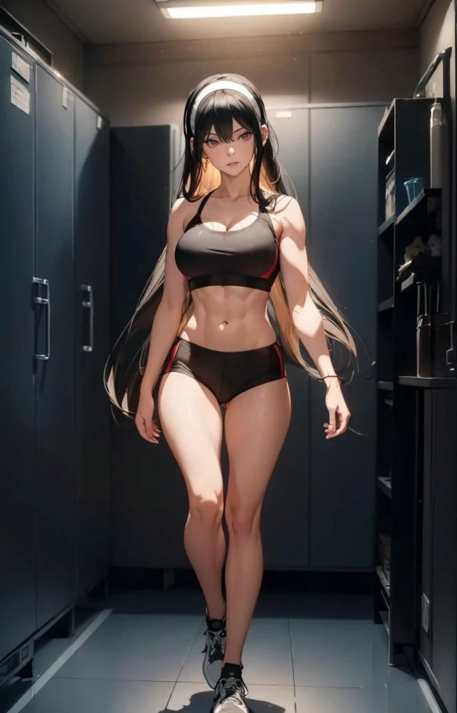 ((1girl, solo)), beautiful body, (perfect anatomy, perfect body, perfect hands, perfect legs), natural proportions, sexy body, large breasts, ((abs)), ((muscular female)), ((full body, full body front)) BREAK
((extremely detailed face)), (beautiful detailed eyes:1.6), (realistic pupils, realistic iris:1), expressive eyes, looking at viewer, (clear eyes:1.3), (hyperrealistic:1.2), (detailed skin texture:1.2), smooth skin, yor briar, ((black hair:1.5), (red eyes:1.3), long hair, hairband, (white hairband:1.3), sidelocks, bangs, ((mature female)), ((little smile)), (detailed lips:1.2), (attractive lips:1.1), (glossy lips:1.1), (parted lips), perfect face, perfect eyes BREAK
((sports bra)), buruma, ass visible through thighs, shoes, (black sportswear), black shorts, midriff BREAK
(masterpiece:1.5), anime-style, top quality, best quality, (beautiful and aesthetic:1.2), (ultra detail:1.5), Ultra-detailed depiction, Ultra-precise depiction, extremely detailed 8k illustration, high resolution, (highly detailed shading:1.2), (realistic lighting:1.4), perfect lighting, vibrant colors, dynamic tones, striking hues, 8k, absurd resolution, perfect shadows, hdr, UHD, ambient lighting, realistic, ultra-realistic, photo realistic, highly detailed, rich detail, luminous colors, fine texture, intricate design, professional illustration, (soft light:1.2), (illustration:0.7)