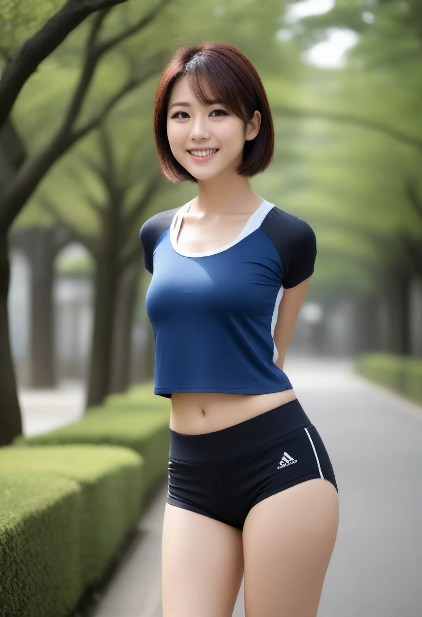 8K, Ultra-high resolution, Highest quality, masterpiece, 三分割法によるphotograph,Surreal, photograph, 1 Girl, (Age 25:1.3), pretty girl, Cute face, Beautiful eyes in every detail, 細かくdetailedに,masterpiece,, One Girl:1.2, Japan Female Announcer,Young Wife,whole body,Outdoor,street tree,Asahi,Jogging Wear,Sports Bra,Shorts,Beautiful leg line beauty,Feel-good sweat,A refreshing smile,Black Hair,Short Bob,(((Ideal body type))),A-cup small breasts :2,、Portraiture:2、Perfect Anatomy、鮮明なdetailed、detailed、Surreal、Light and shadow,Strong light