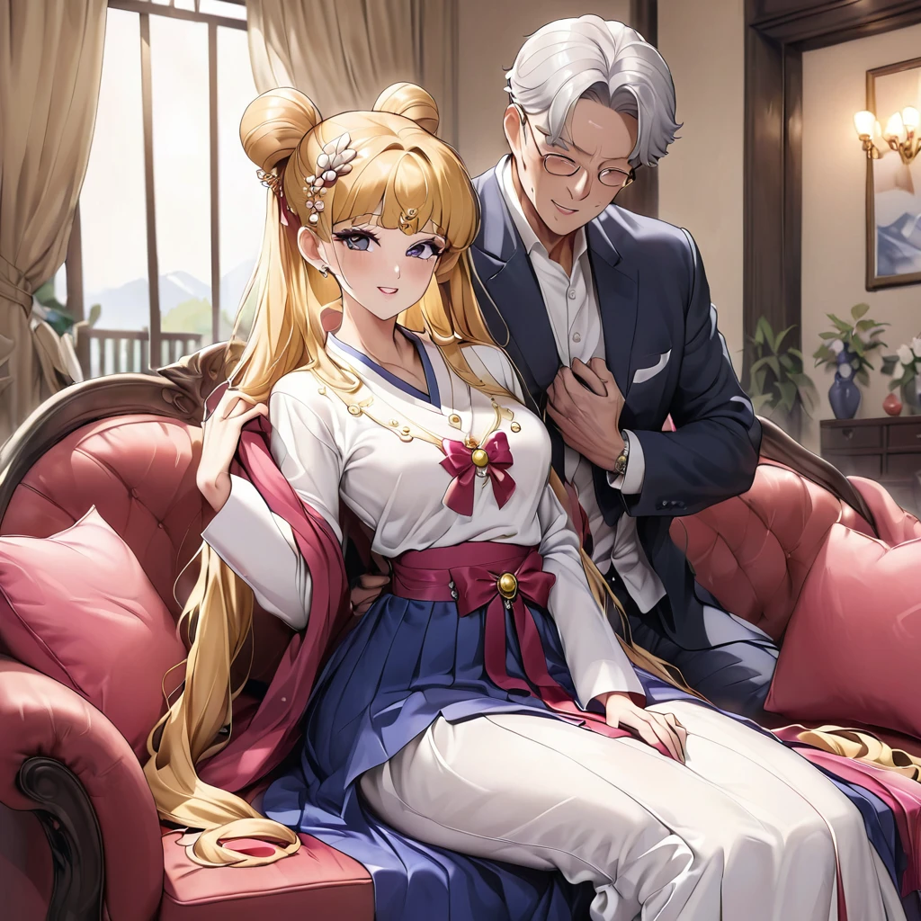 ((Highest quality)), ((masterpiece)), (detailed), (Perfect Face)、The woman is being held by her beautiful, grown-up Korean daughter.、Mother and daughter、The woman is Korean Tsukino Usagi, and is wearing a gorgeous and dazzling traditional Korean dress called a hanbok (traditional Korean dress), a gorgeous hair ornament, gorgeous jeweled accessories, and an engagement ring in a luxurious Korean mansion. The man and woman are sitting on a large, luxurious sofa in the luxurious room, and the woman is being held in the arms of a dignified and sturdy middle-aged Korean man wearing hanbok.、The woman is the elegant Tsukino Usagi, a Korean woman with long blonde hair in a chignon twin tail, wearing the traditional Korean dress, Chima Chogori.、The man is a dignified, sturdy middle-aged Korean man wearing the traditional Korean dress, Hanbok.