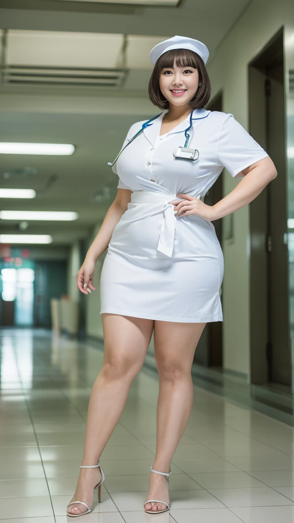 (8k, ultra-high resolution, highest quality, masterpiece:1.2), ultra-realistic, (realistic, photorealistic:1.37), (realistic skin:1.2), ultra-detailed, Canon EOS RP, 8k, Korean mature woman, sparkling smile, detailed face,  obese、 (((super curvy,))) ((super voluptuous,)) walking, ((full body shot)), nurse cap, tight mini skirt nurse's uniform, stethoscope, (short hair), indoor hospital corridor, nameplate,
