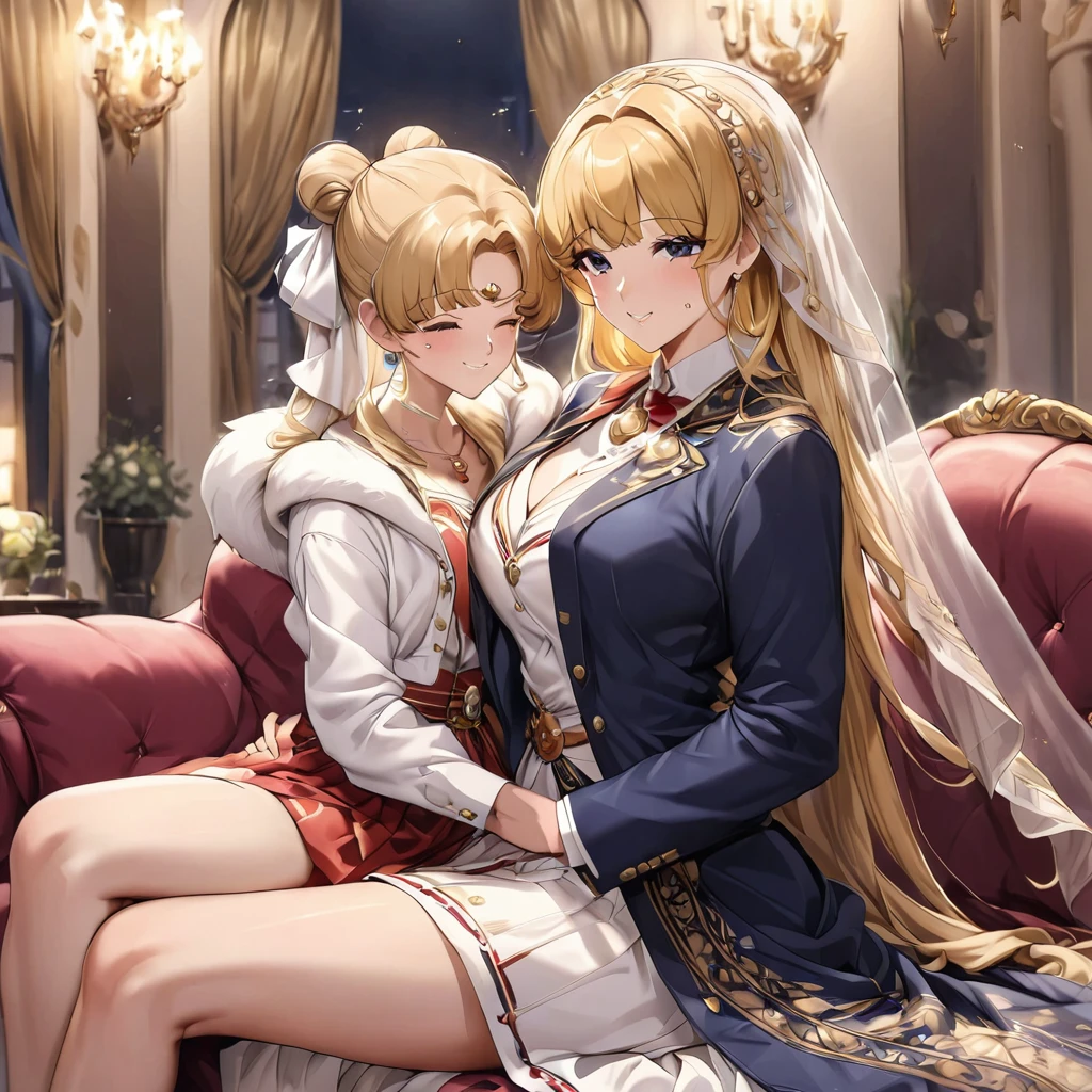 ((Highest quality)), ((masterpiece)), (detailed), (Perfect Face)、The woman is being held in the arms of a beautiful, grown-up Italian girl.、Mother and daughter、The woman is an Italian named Tsukino Usagi, and is wearing the gorgeous and glittering Italian traditional Sardinian costume in a luxurious Italian mansion, a lavishly decorated velvet jacket, a long veil, gorgeous jeweled accessories and an engagement ring. The woman and the man are sitting on a luxurious, large sofa in the luxurious room, and the woman is being held in the arms of a dignified, bearded middle-aged man wearing an Italian traditional costume.、The woman is the elegant Tsukino Usagi, with long blonde hair in a chignon twin tail, wearing a velvet jacket decorated with the Italian national costume of Sardinia, and a long veil.、The man is a dignified, muscular, bearded Italian man dressed in Italian national dress.