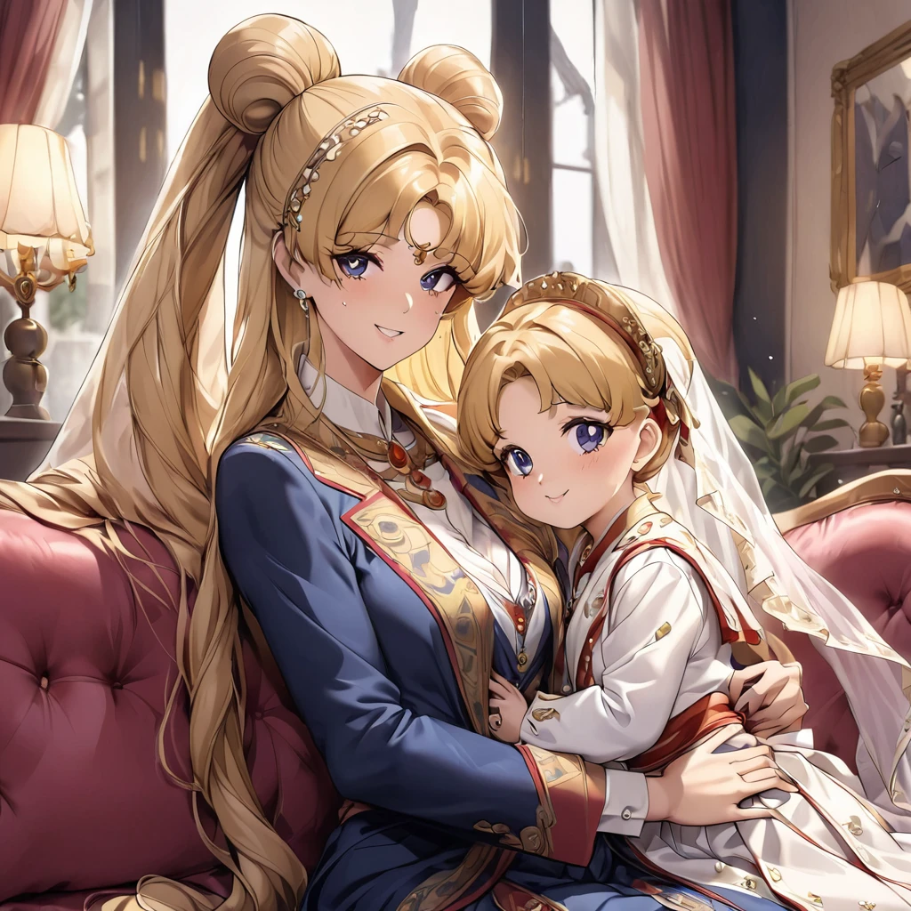((Highest quality)), ((masterpiece)), (detailed), (Perfect Face)、The woman is being held by her beautiful, grown-up Thai daughter who resembles her.、Mother and daughter、The woman is a Thai woman named Tsukino Usagi, and is in a luxurious Thai mansion, wearing a gorgeous, glittering, traditional Thai dress with gold embroidery, gorgeous jeweled accessories and an engagement ring. The woman and the man are sitting on a luxurious, large sofa in the luxurious room, and the woman is being held in the arms of a dignified, middle-aged Thai man wearing a dignified, sturdy Thai traditional dress.、The woman is the elegant Tsukino Usagi, with long blonde hair in a chignon twin tail, and the woman is a Thai girl wearing a gorgeous Thai dress.、The man is a dignified, sturdy, bearded, middle-aged Thai man wearing Thai national costume.