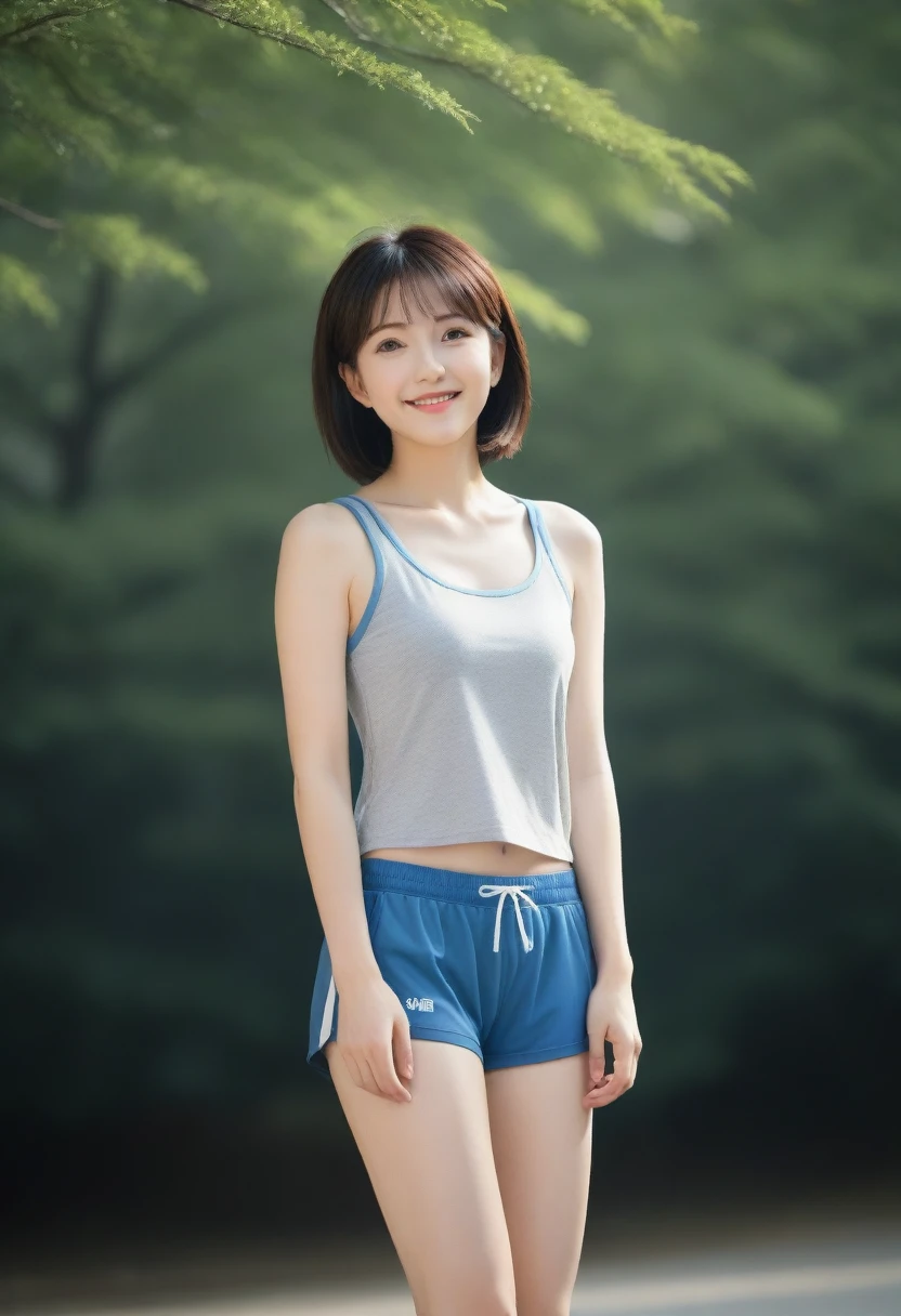 8K, Ultra-high resolution, Highest quality, masterpiece, 三分割法によるphotograph,Surreal, photograph, 1 Girl, (Age 25:1.3), pretty girl, Cute face, Beautiful eyes in every detail, 細かくdetailedに,masterpiece,, One Girl:1.2, Japan Female Announcer,Young Wife,whole body,Outdoor,street tree,Asahi,Jogging Wear,Sports Bra,Shorts,Beautiful leg line beauty,Feel-good sweat,A refreshing smile,Black Hair,Short Bob,(((Ideal body type))),A-cup small breasts :2,、Portraiture:2、Perfect Anatomy、鮮明なdetailed、detailed、Surreal、Light and shadow,Strong light