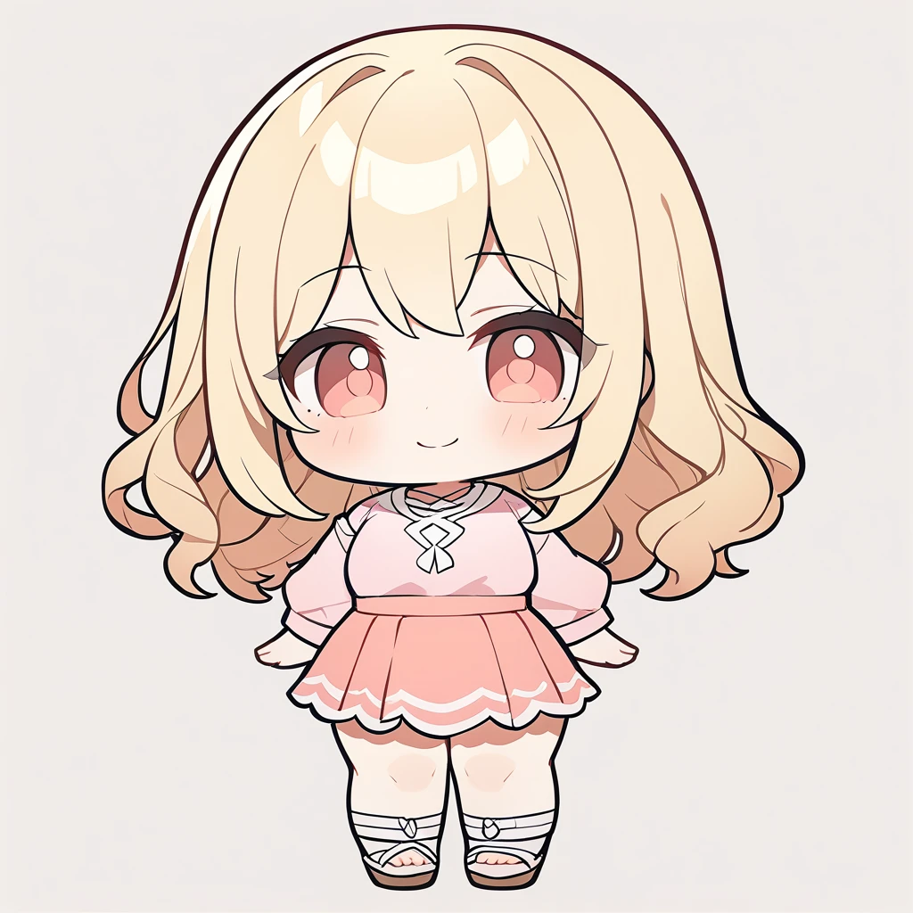 1girl, chibi, , chibi proportions, small, cute, full body, standing, long, wavy and blonde hair, pink shirt, skirt, sandals, smile, white background, no background, zero background, intricate detail, masterpiece quality, ultra HD, 4K, best quality