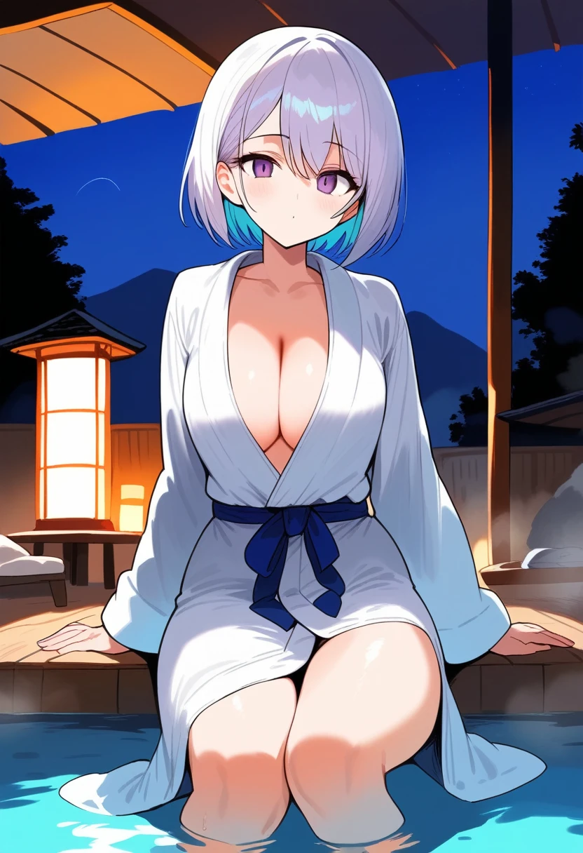 1girl, ultra high res, large chest, cleavage, onsen pool, bathrobe