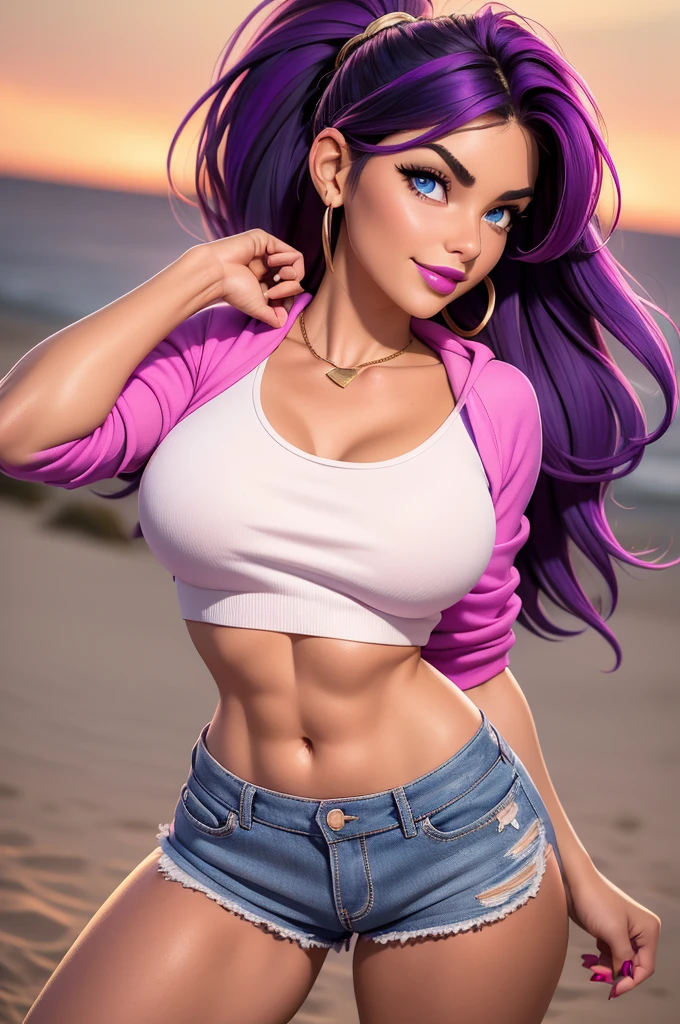 beautiful, 26 year old girl, slim body, (black hair [purple highlights]), blue eyes, pink lipstick, mascara, blush, beautiful eyebrows, white crop top hoodie, soft skin, gold necklace, ponytail, short shorts, smirk, on the beach, (full body shot), looking back at the viewer