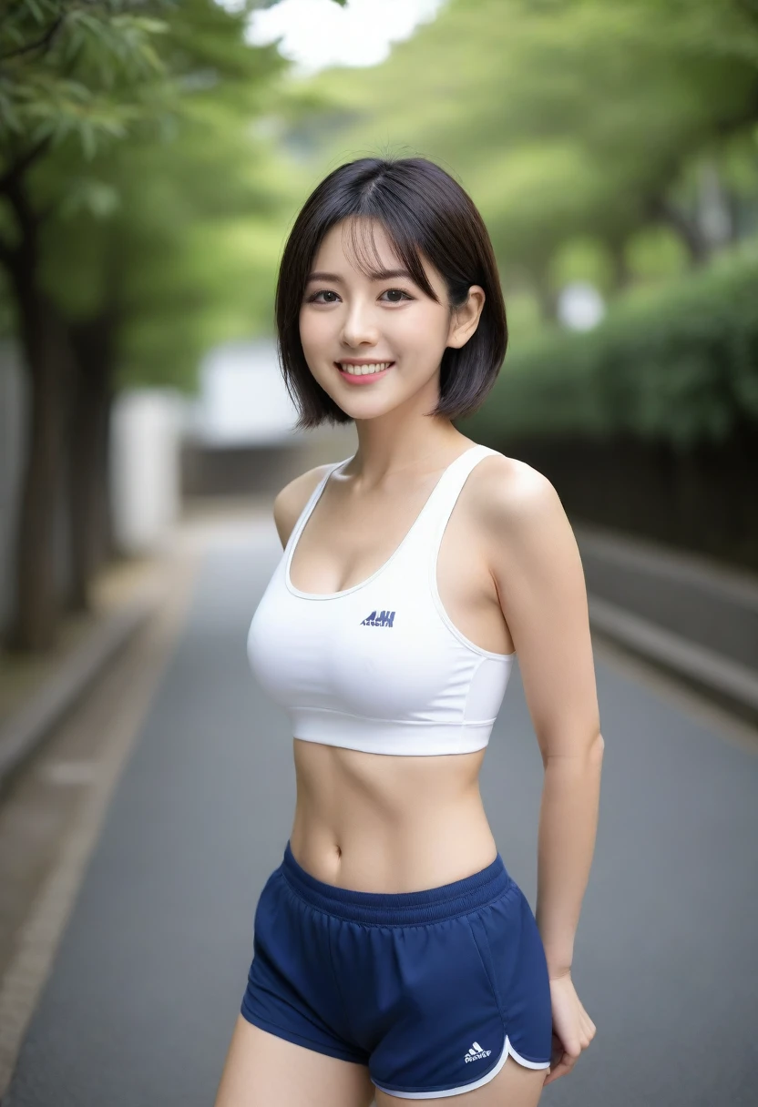 8K, Ultra-high resolution, Highest quality, masterpiece, 三分割法によるphotograph,Surreal, photograph, 1 Girl, (Age 25:1.3), pretty girl, Cute face, Beautiful eyes in every detail, 細かくdetailedに,masterpiece,, One Girl:1.2, Japan Female Announcer,Young Wife,whole body,Outdoor,street tree,Asahi,Jogging Wear,Sports Bra,Shorts,Beautiful leg line beauty,Feel-good sweat,A refreshing smile,Black Hair,Short Bob,(((Ideal body type))),A-cup small breasts :2,、Portraiture:2、Perfect Anatomy、鮮明なdetailed、detailed、Surreal、Light and shadow,Strong light