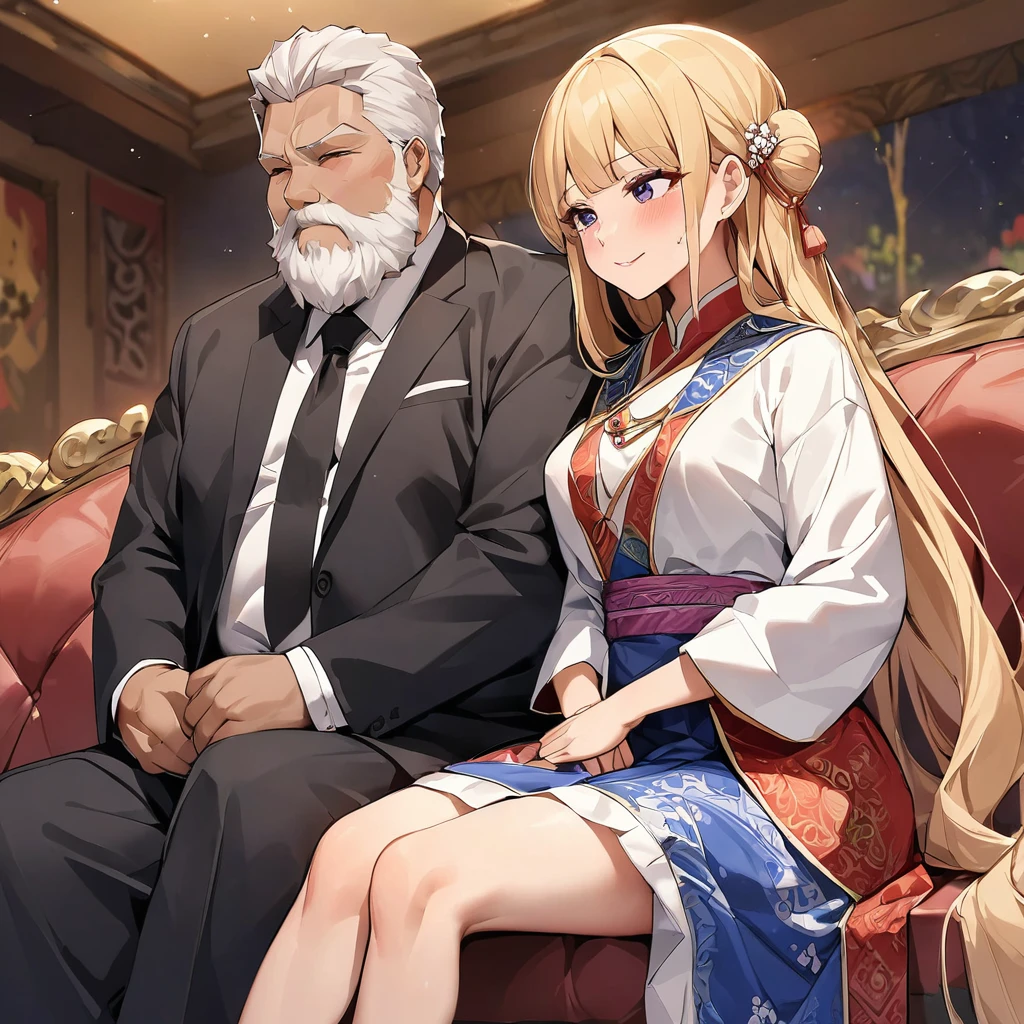 ((Highest quality)), ((masterpiece)), (detailed), （Perfect Face）、The woman is being embraced by a beautiful, grown-up Mongolian girl.、Mother and daughter、The woman is Mongolian Tsukino Usagi, wearing a gorgeous and colorful Mongolian national dress called Dale in a Mongolian mansion, with gorgeous jeweled accessories and an engagement ring. The woman and the man are sitting on a luxurious, large sofa in the luxurious room, and the woman is being held in the arms of a dignified, bearded, middle-aged Mongolian man wearing a Mongolian national dress.、The woman is the elegant Tsukino Usagi, with her long blonde hair in a chignon twin tail, and wearing the colorful Mongolian national costume, the Mongolian Tsukino Usagi.、The man is a dignified, sturdy, bearded Mongolian man wearing Mongolian national dress.