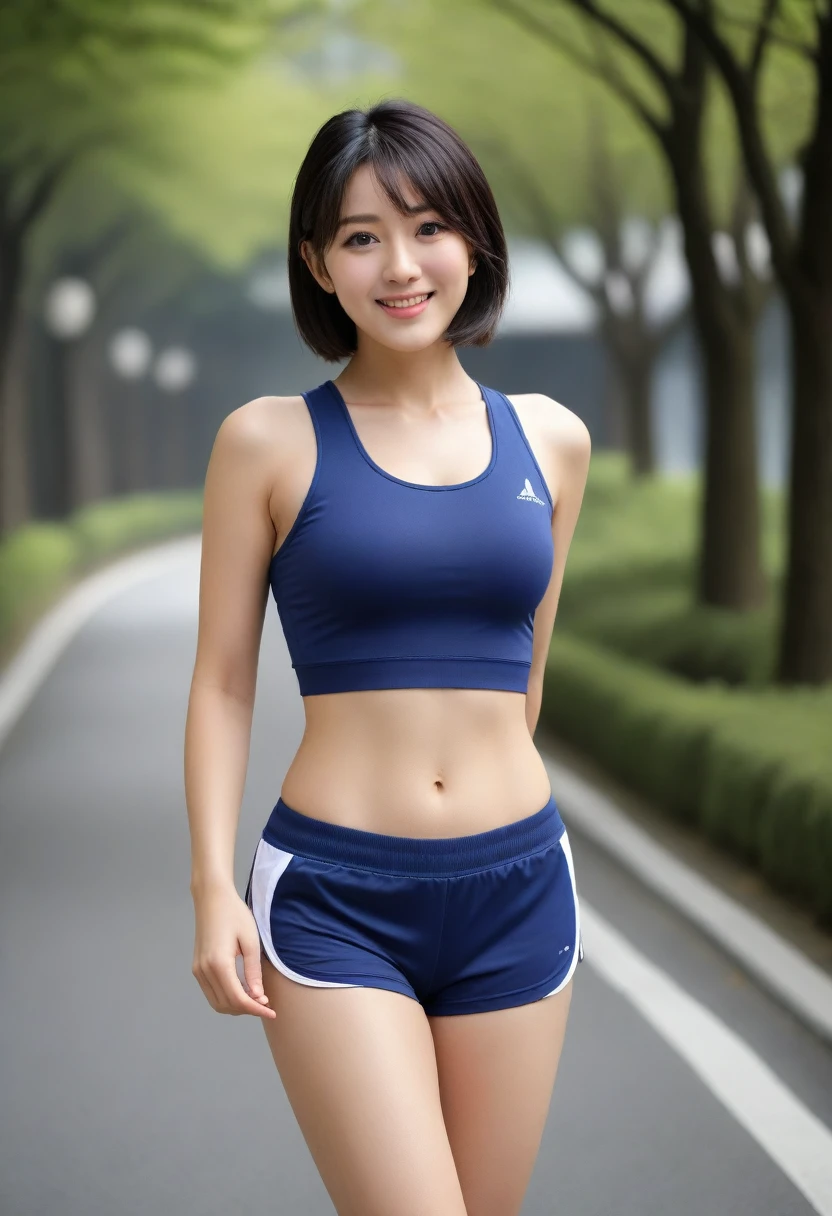 8K, Ultra-high resolution, Highest quality, masterpiece, 三分割法によるphotograph,Surreal, photograph, 1 Girl, (Age 25:1.3), pretty girl, Cute face, Beautiful eyes in every detail, 細かくdetailedに,masterpiece,, One Girl:1.2, Japan Female Announcer,Young Wife,whole body,Outdoor,street tree,Asahi,Jogging Wear,Sports Bra,Shorts,Beautiful leg line beauty,Feel-good sweat,A refreshing smile,Black Hair,Short Bob,(((Ideal body type))),A-cup small breasts :2,、Portraiture:2、Perfect Anatomy、鮮明なdetailed、detailed、Surreal、Light and shadow,Strong light