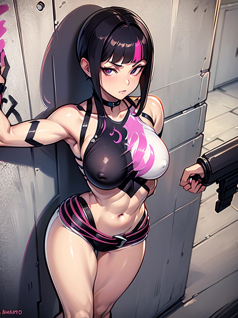 Juri Han,Masterpiece, Best Quality, 1girl, report, crop-top, jean shorts, Choker, (graffiti:1.aint splatter, (Hands Behind Your Back), Against a wall, looking a viewer, A bracelet, thigh strap, Paint on the body, tilt of head, bored, fiery hair color, Rainbow-colored eyes,juri han,olhar malvado