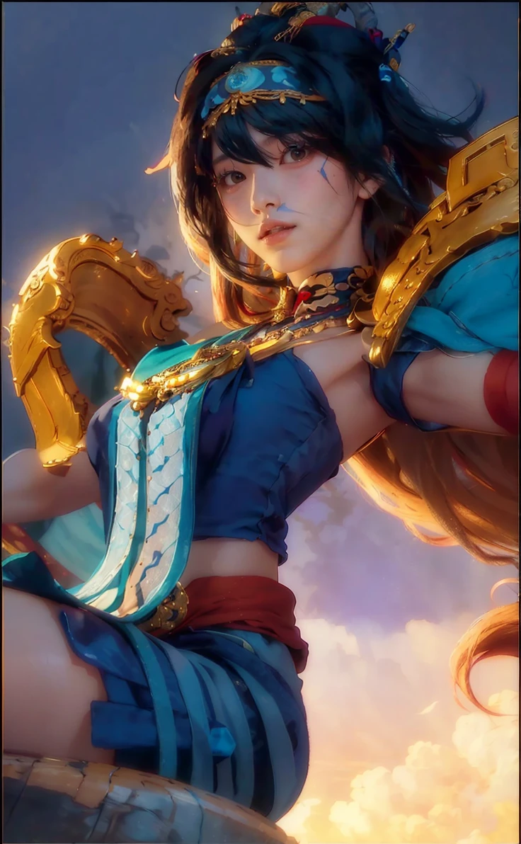 (RAW photo, best quality), (realistic, photo-realistic:1.3),best quality,highly detailed,masterpiece,ultra-detailed,illustration,1girl,upper_body,dynamic angle,world masterpiece theater,messy_long_hair,best quality,extremely detailed CG unity 8k wallpaper,ink,Amazing,cinematic lighting,lens_flare,,dunhuang_style