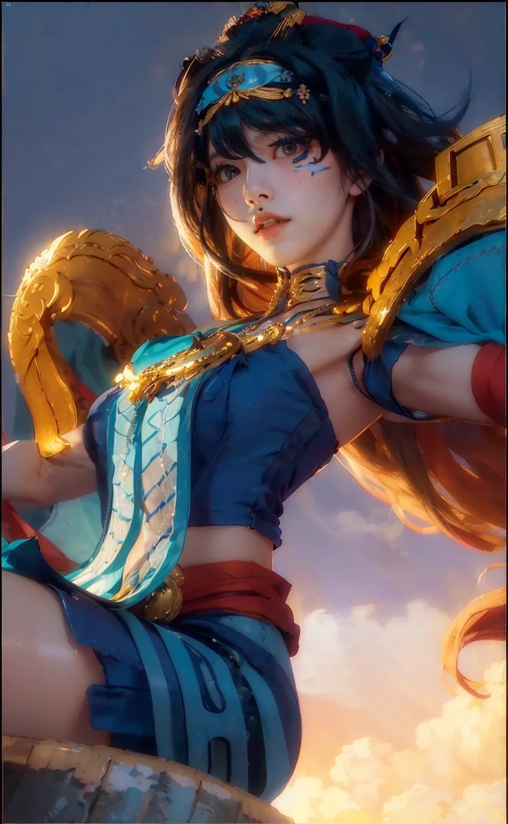 (RAW photo, best quality), (realistic, photo-realistic:1.3),best quality,highly detailed,masterpiece,ultra-detailed,illustration,1girl,upper_body,dynamic angle,world masterpiece theater,messy_long_hair,best quality,extremely detailed CG unity 8k wallpaper,ink,Amazing,cinematic lighting,lens_flare,,dunhuang_style