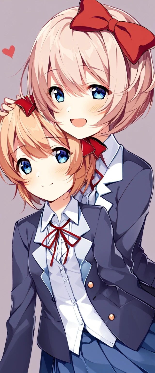 one girl, lovely, blazer, Sayori, my childhood friend, cute, short hair, blush, light blue eyes, hair bow, I stroke her head, look at me, my hand on her head, love me, happy