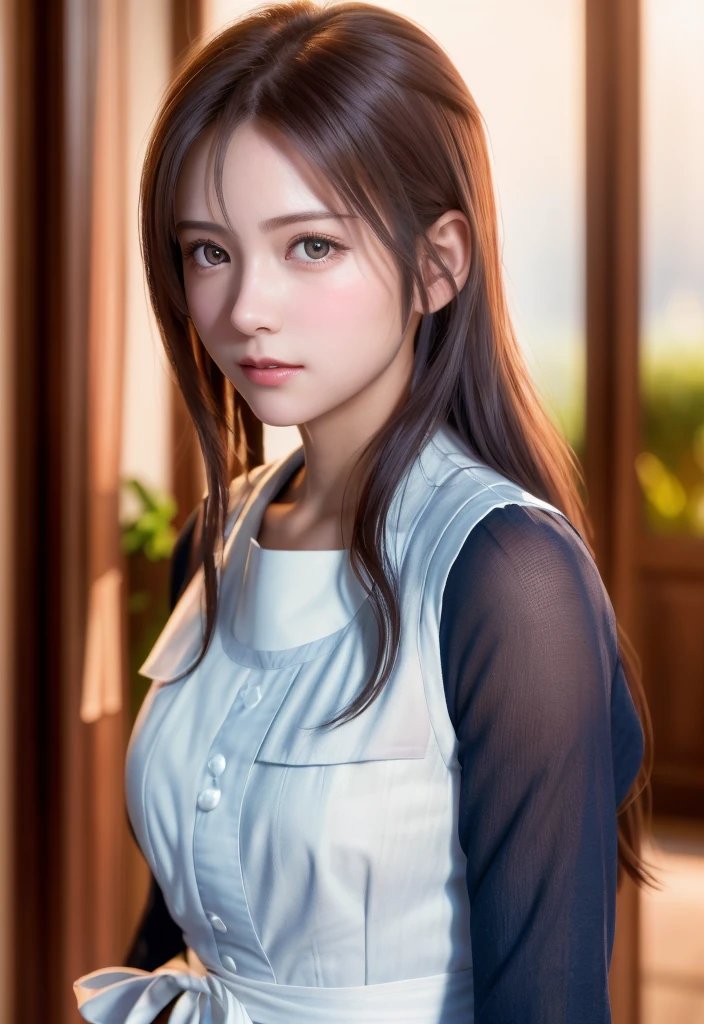 8K, of the highest quality, masutepiece:1.2), (Realistic, Photorealsitic:1.37), of the highest quality, masutepiece, Beautiful young woman, Pensive expression,、A charming、and an inviting look, Cute Maid Clothes, Hair tied back, Cinematic background, Light skin tone