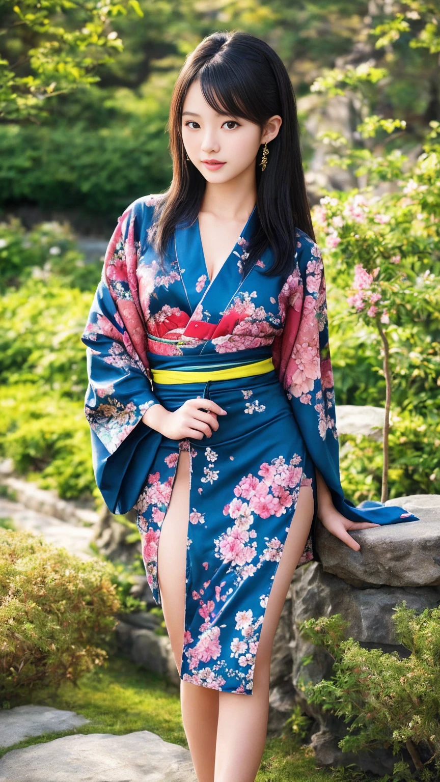最high quality、high quality、Best image quality、8K、最High resolution、High resolution、最high quality、masterpiece、RAW Photos、whole body写真、Detailed and realistic human body、Detailed and realistic skin、Realistic face in every detail、Detailed and realistic eyes、Detailed and realistic lips、Detailed and realistic teeth、Detailed and realistic ears、Detailed and realistic hair、Realistic reproduction of every detail、((Beautiful Hands(thumb1、reference4))、Realistic feet down to the last detail、((Beautiful Japanese Girl))、(Japanese Model)、((18 year old beautiful girl))、(Black Hair)、(Traditional Japanese Hairstyles)、((whole body))、((Slim and perfect figure))、(Beautiful and firm breasts)、(whole body光沢肌、Fair skin)、Soft natural light、Mini Kimono、Sexy Kimono、Erotic Kimono、Japanese tradition、Japanese garden、((Colorful floral kimono))、((Relax in the garden(Poses to make your thighs look beautiful))