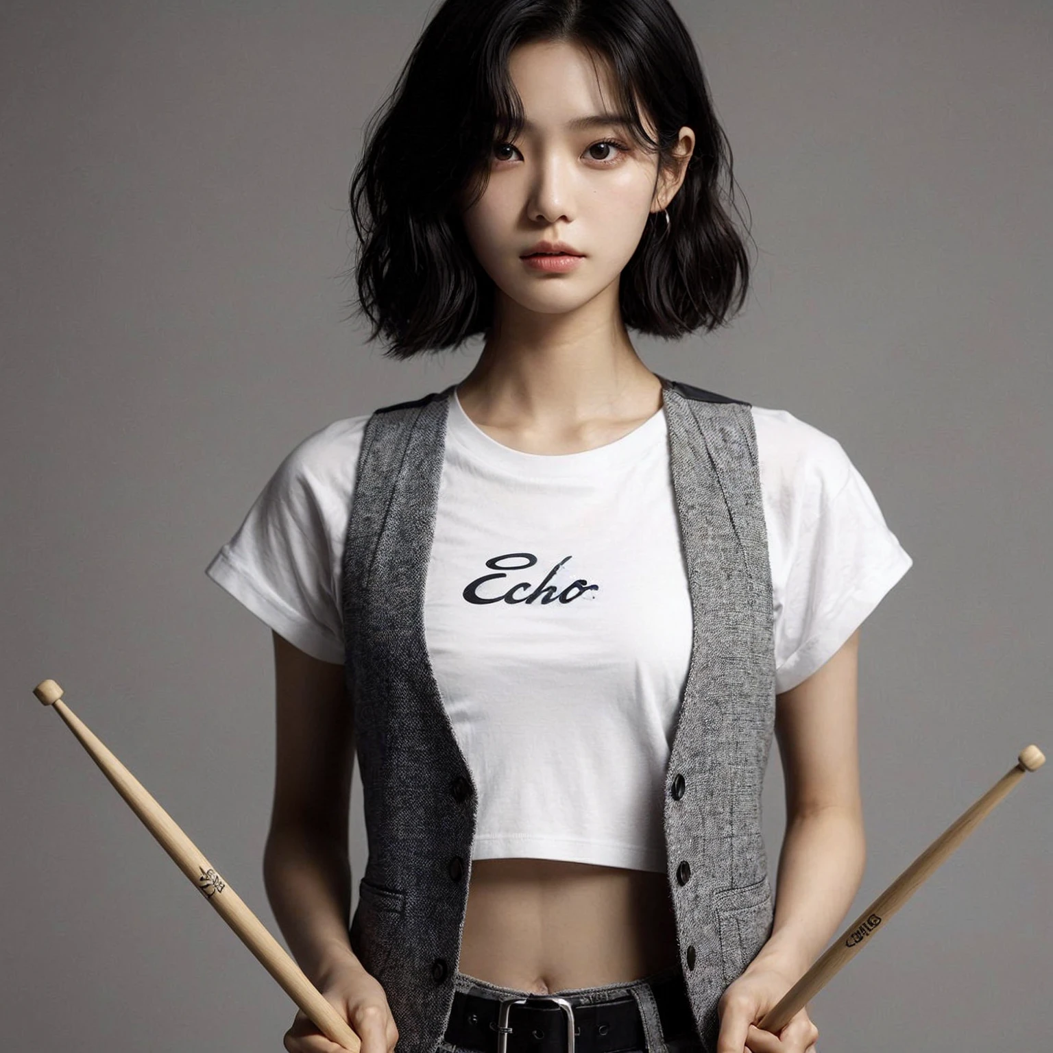 A 20-year-old Korean girl with medium-length black wavy bob hair, medium bust size, medium arm size, a perfect body, and an athletic build. She is wearing a plain white T-shirt with the word "ECHO" on it and a vest. With a serious expression, she looks at the camera while holding drumsticks in her left and right hands. Her arms are straight at her sides. The background is gray.