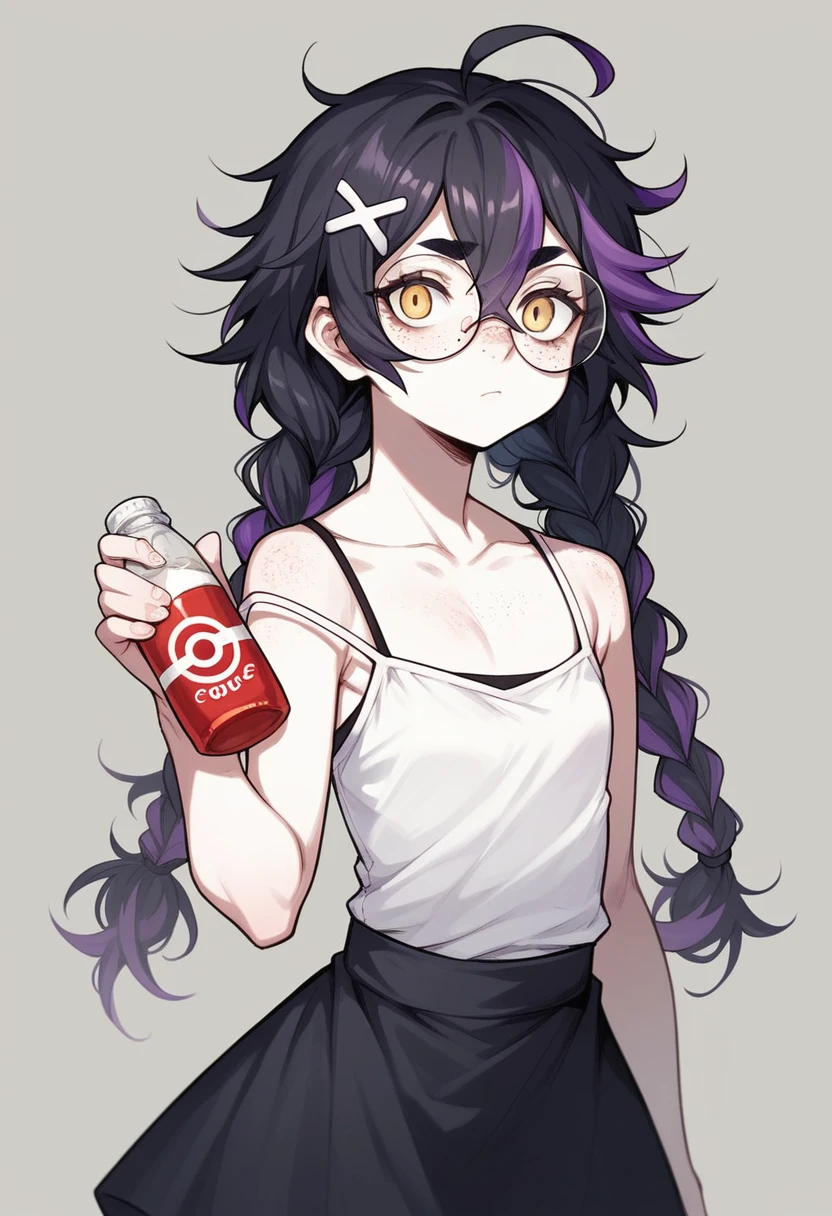 masterpiece, best quality, perfect anatomy, solo, 1girl, black hair, purple highlights, yellow eyes, demon eyes, pale skin, long hair, messy hair, short eyebrows, hair between eyes, twin braids, freckles, round eyewear, opaque glasses, ahoge, flat chest, X hair ornament, spaghetti strap top, coke-bottle glasses, black skirt, absurdres,