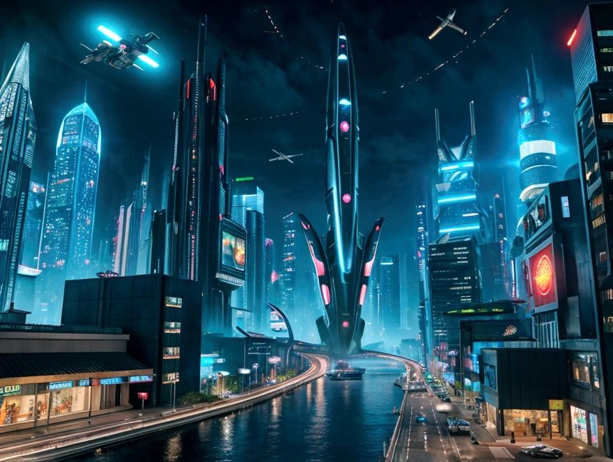 Futuristic city with flying cars and buildings with advertisements to be seen by the flying cars similar to those in the movie Blade Runner at night. photographic quality, cinematic, high realism, professional cam.