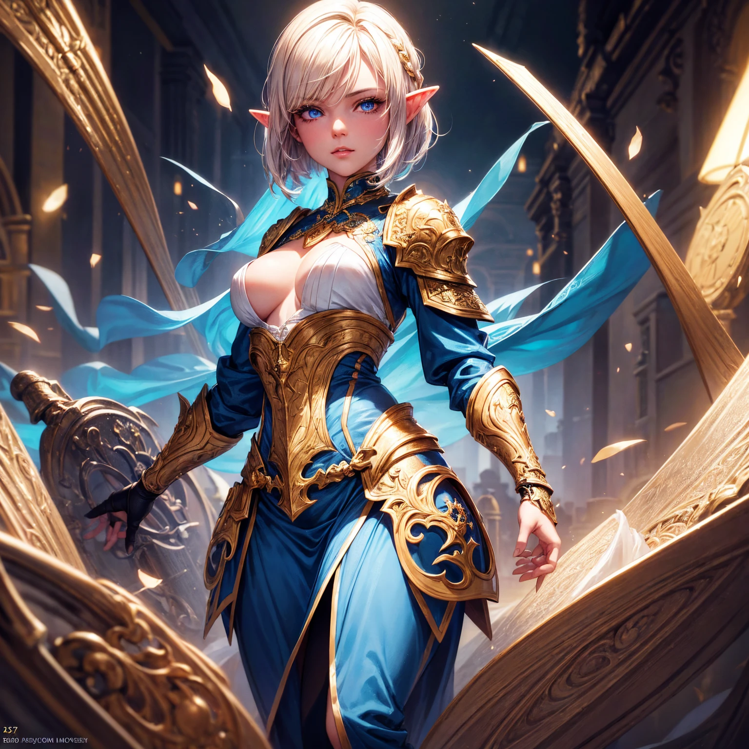a girl, 1girl, elf, short bob gold hair, gold hair!!!, very small breasts, long pointed ears, blue eyes, fair skin, happy face, white heavy armor plate,  full body, full body, night, dark graveyard!!, light magic, very sexy body, detailed face, beautiful detailed eyes, beautiful detailed lips, extremely detailed eyes and face, long eyelashes, detailed clothing, intricate details, highly detailed, photo realistic, 8k, best quality, masterpiece, cinematic lighting, dramatic lighting, vibrant colors, fantasy, digital art, concept art