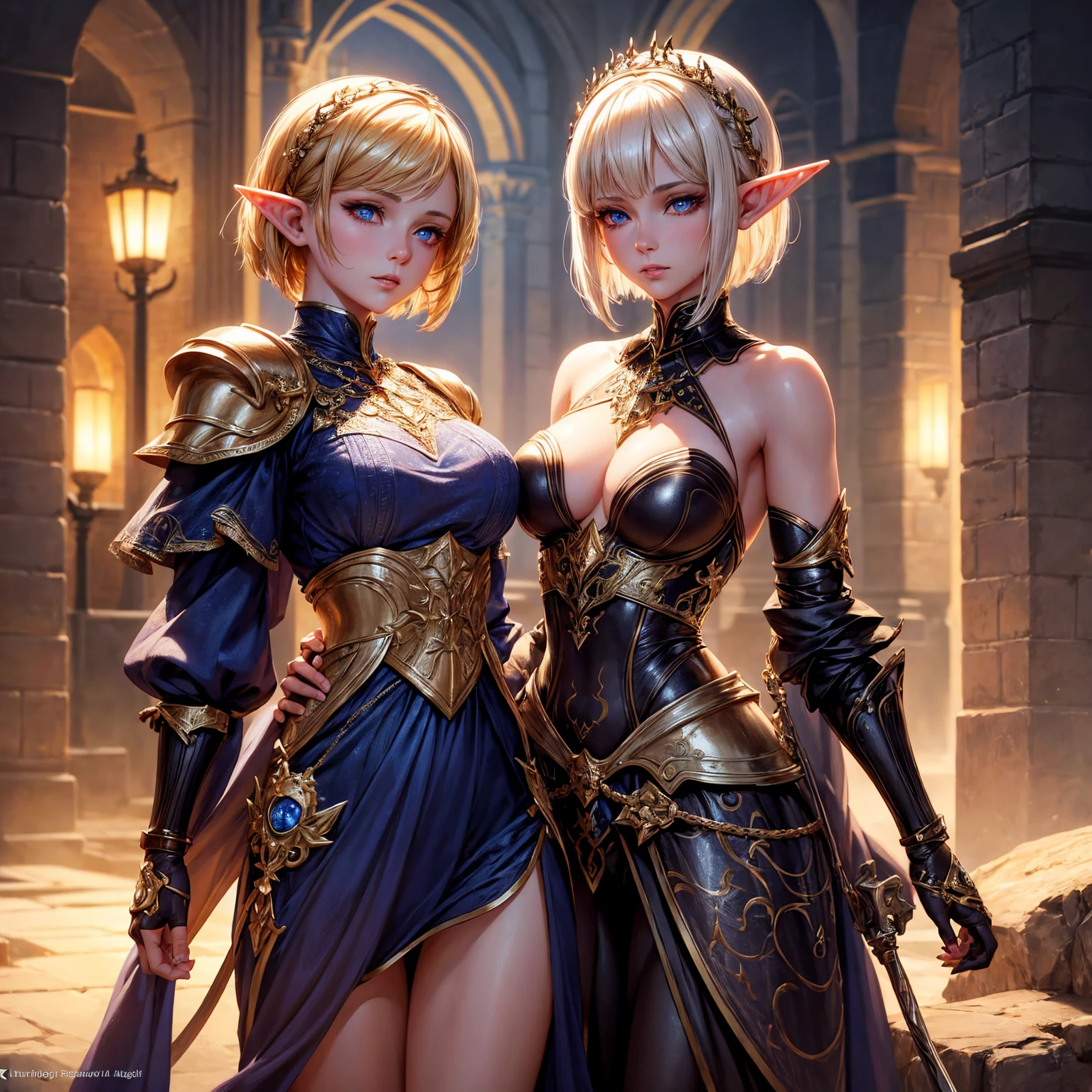 a girl, 1girl, elf, short bob gold hair, gold hair!!!, very small breasts, long pointed ears, blue eyes, fair skin, happy face, white heavy armor plate, full body, full body, night, dark graveyard!!, light magic, very sexy body, detailed face, beautiful detailed eyes, beautiful detailed lips, extremely detailed eyes and face, long eyelashes, detailed clothing, intricate details, highly detailed, photo realistic, 8k, best quality, masterpiece, cinematic lighting, dramatic lighting, vibrant colors, fantasy, digital art, concept art
