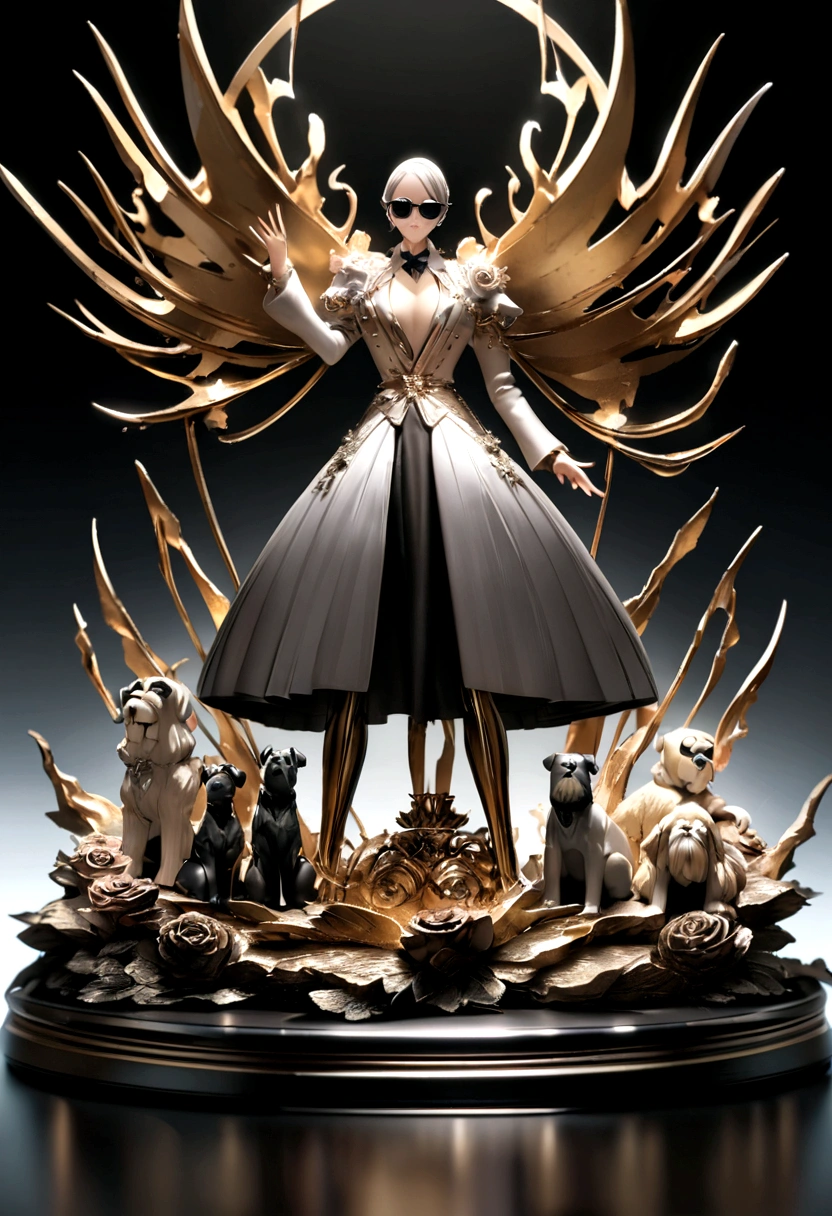 Perfect placement, Cute schnauzer in a jacket,Crystal Vase,Roses, Wear sunglasses, Cheerfulness, Standing position, Abstract Beauty, Centered, Looking into the camera, To the camera, Approaching perfection, dynamic, Very detailed, Smooth, Sharp focus, 8K, High resolution, figure, art:Carne Griffith、Vadim Kashin, White Background