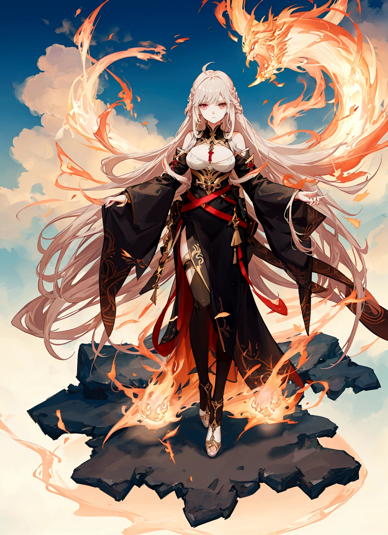 beautiful anime woman mit braunen Haaren floats in the air and conjures fire. Full body view