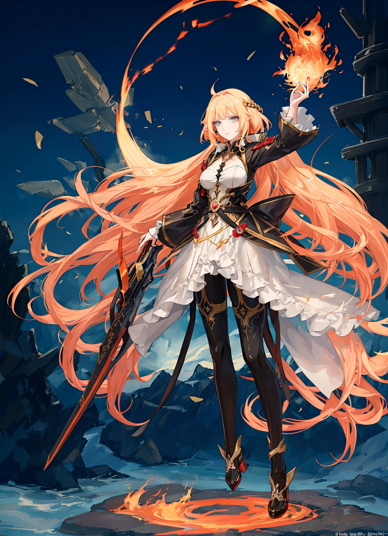 beautiful anime woman mit braunen Haaren floats in the air and conjures fire. Full body view