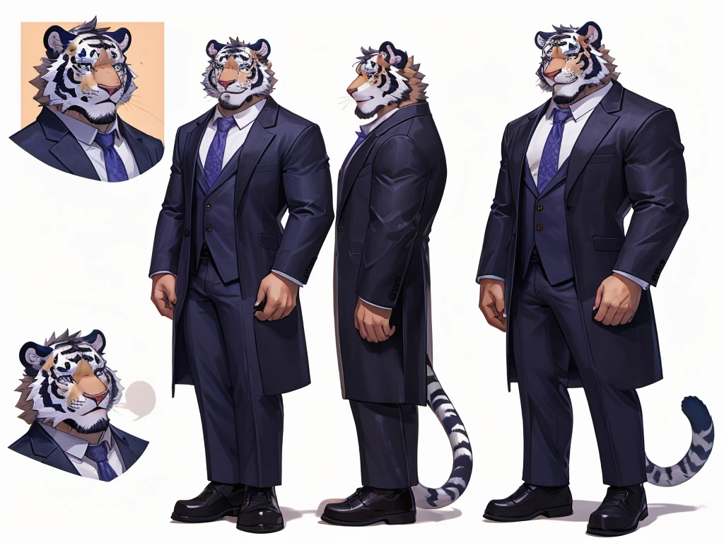 bara extremely handsome white tiger, white fur, wearing purple trench coat purple trousers and white dress shirt and necktie, white fluffy furry body and limbs, loafers, very tall, very broad shoulders, narrow waist, muscular, massive pecs, purple eyes, very long legs, sophisticated smart look, full body, best quality, high quality, silver earring on left ear, dead stare, cold expression, multiple views, character sheet