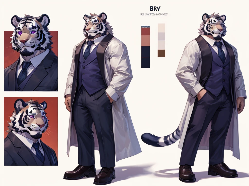 bara extremely handsome white tiger, white fur, wearing purple trench coat purple trousers and white dress shirt and necktie, white fluffy furry body and limbs, loafers, very tall, very broad shoulders, narrow waist, muscular, massive pecs, purple eyes, very long legs, sophisticated smart look, full body, best quality, high quality, silver earring on left ear, dead stare, cold expression, multiple views, character sheet