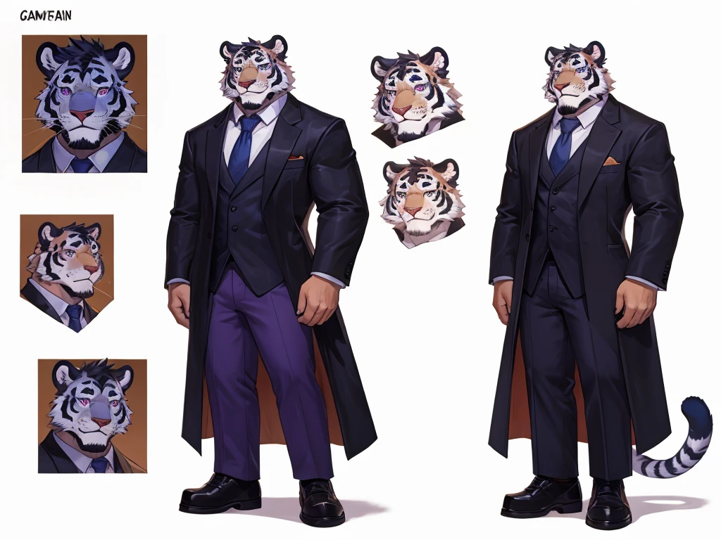 bara extremely handsome white tiger, white fur, wearing purple trench coat purple trousers and white dress shirt and necktie, white fluffy furry body and limbs, loafers, very tall, very broad shoulders, narrow waist, muscular, massive pecs, purple eyes, very long legs, sophisticated smart look, full body, best quality, high quality, silver earring on left ear, dead stare, cold expression, multiple views, character sheet