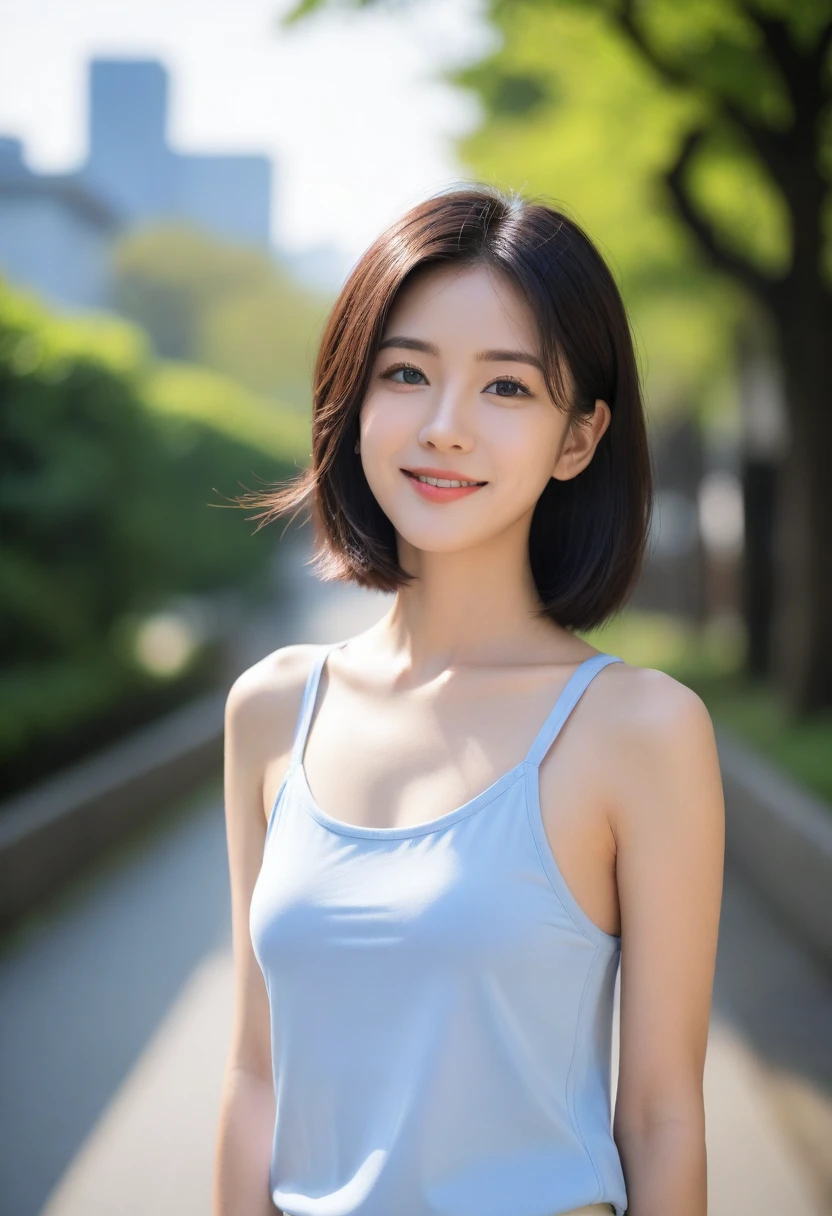 8K, Ultra-high resolution, Highest quality, masterpiece, 三分割法によるphotograph,Surreal, photograph, 1 Girl, (Age 25:1.3), pretty girl, Cute face, Beautiful eyes in every detail, 細かくdetailedに,masterpiece,, One Girl:1.2, Japan Female Announcer,Young Wife,whole body,Outdoor,street tree,Asahi,Jogging Wear,Sports Bra,Shorts,Beautiful leg line beauty,Feel-good sweat,A refreshing smile,Black Hair,Short Bob,(((Ideal body type))),A-cup small breasts :2,、Portraiture:2、Perfect Anatomy、鮮明なdetailed、detailed、Surreal、Light and shadow,Strong light