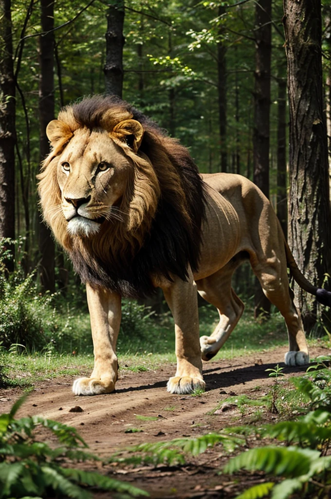 A male lion walk in forest like a king is made by best quality in realistic 