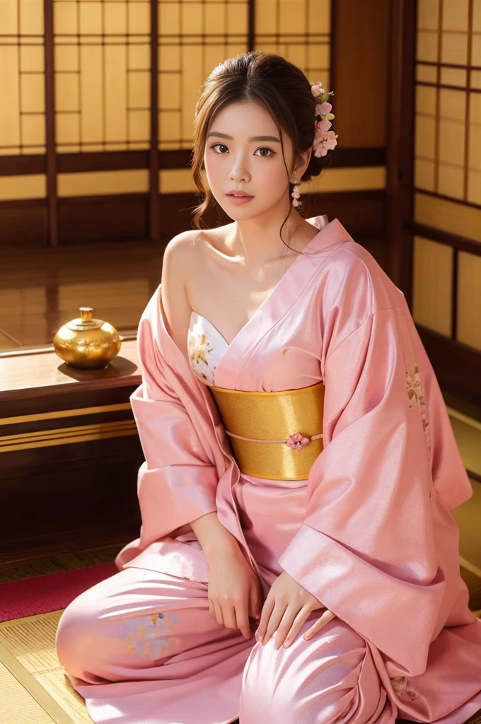 masterpiece、pink kimono、Cinematic atmosphere、Professional composition、Natural Body、fantasy,sitting in front of a golden screen、flower arrangement、tatami、looking at the camera、real、nature
