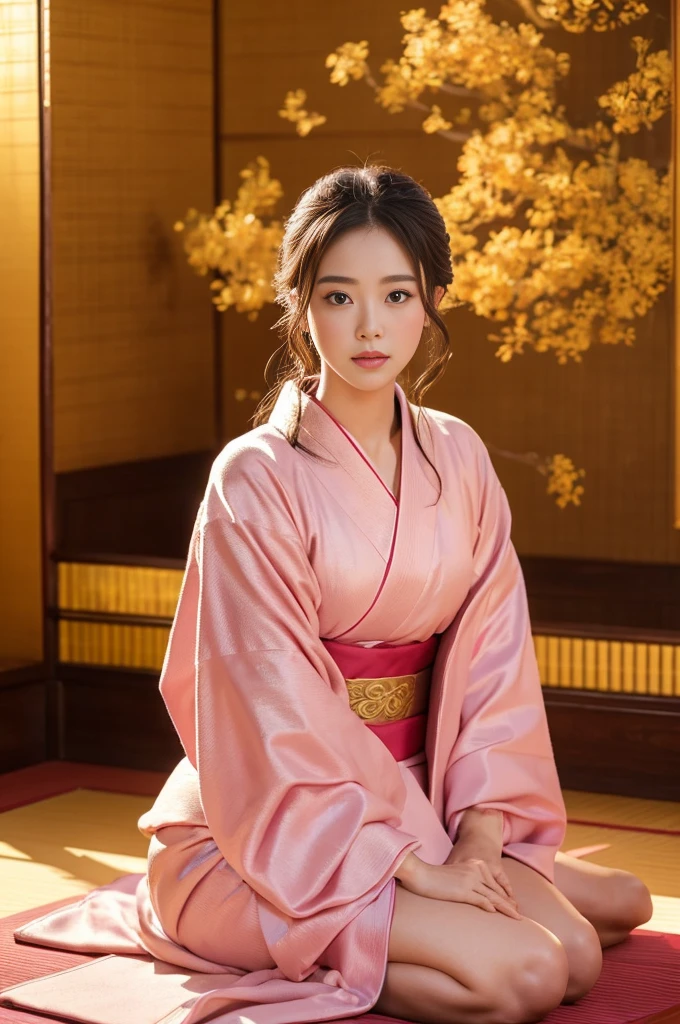 masterpiece、pink kimono、Cinematic atmosphere、Professional composition、Natural Body、fantasy,sitting in front of a golden screen、flower arrangement、tatami、looking at the camera、real、nature