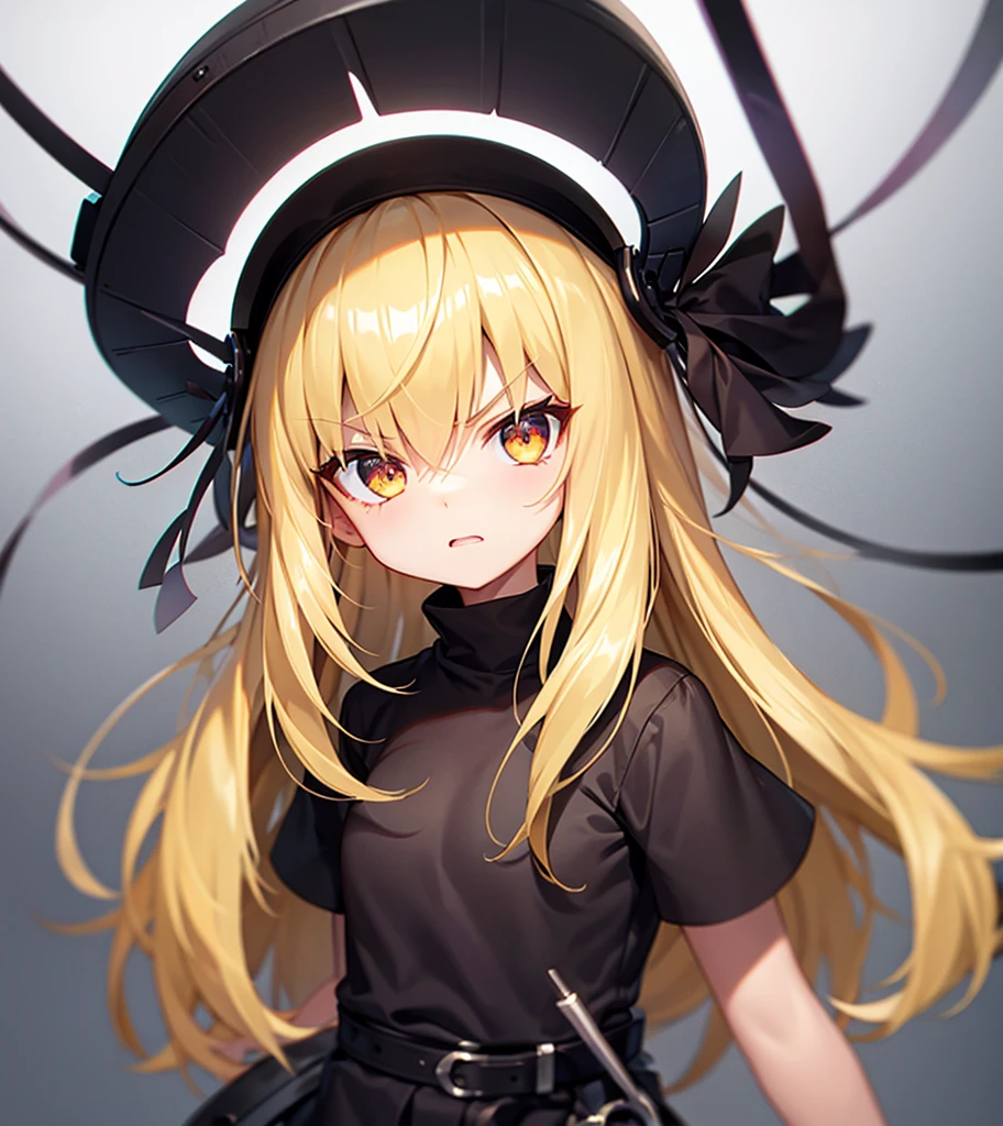 (angry),Cute little ,Tiny ,Small girl,,Childish face, Very fine clean face,Top quality, Big eyes,Straight Hair,Yellow hair,Crimson Eye,(Dark Room), Subtle light, Soft lighting,Light from directly behind, (Are standing),Front view,prison