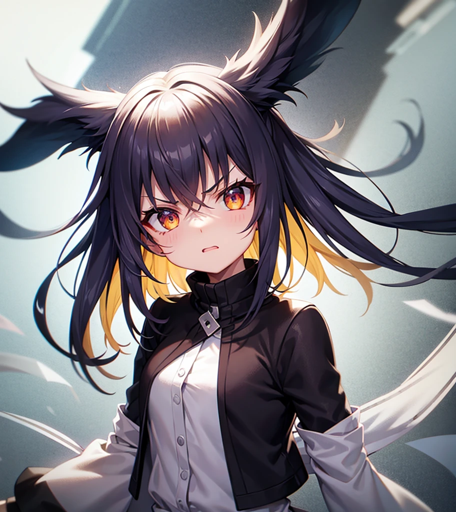 (angry),Cute little ,Tiny ,Small girl,,Childish face, Very fine clean face,Top quality, Big eyes,Straight Hair,Yellow hair,Crimson Eye,(Dark Room), Subtle light, Soft lighting,Light from directly behind, (Are standing),Front view,prison