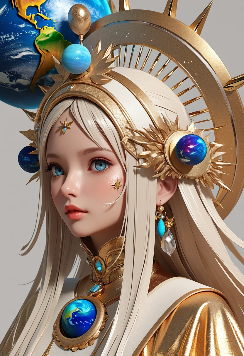 (masterpiece, best quality:1.2), 1 beautiful girl，3d，Exquisite facial features，Bright Eyes，Skin details，Exaggerated planet headdress，track，Clean background