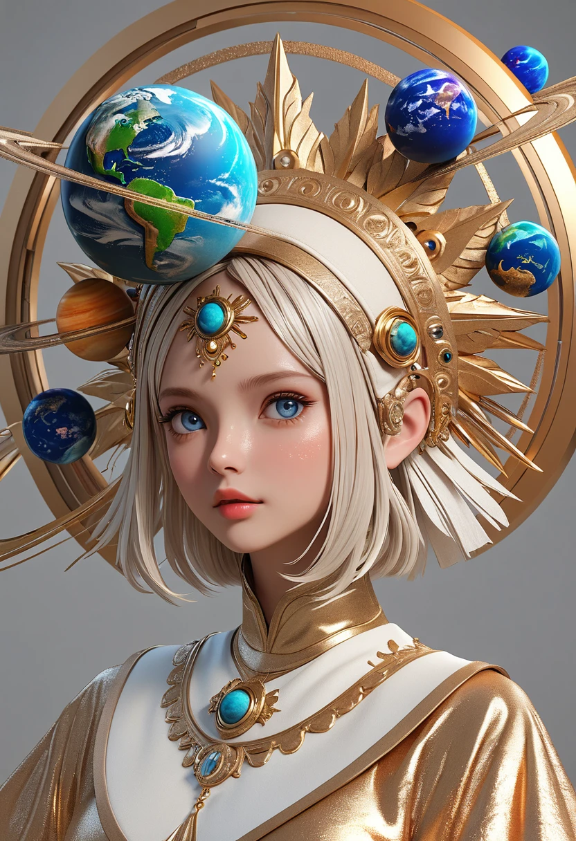 (masterpiece, best quality:1.2), 1 beautiful girl，3d，Exquisite facial features，Bright Eyes，Skin details，Exaggerated planet headdress，track，Clean background