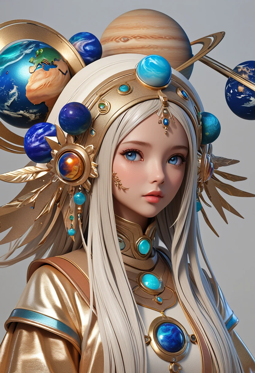 (masterpiece, best quality:1.2), 1 beautiful girl,3d,Exquisite facial features,Bright Eyes,Skin details,Exaggerated planet headdress,track,Clean background